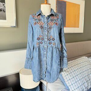 Soft Surroundings Embroidered Chambray Shirt Flowy Bohemian Summer XSmall